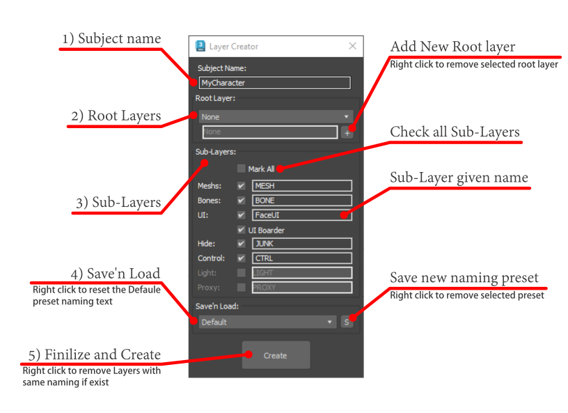 script user interface discribed in numbers and titles